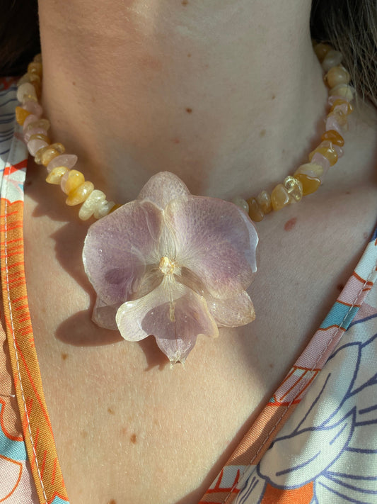 Sunrise Glow Real Orchid Necklace - Citrine & Yellow Jade