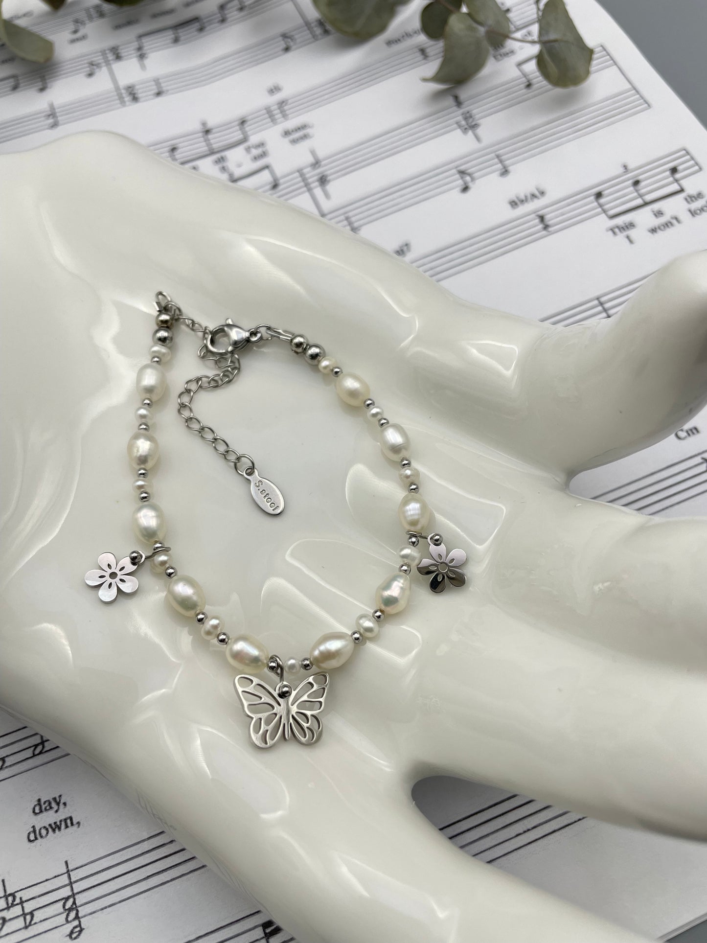 Freshwater Pearl Bracelet with Butterfly Charm - Stainless Steel Jewelry