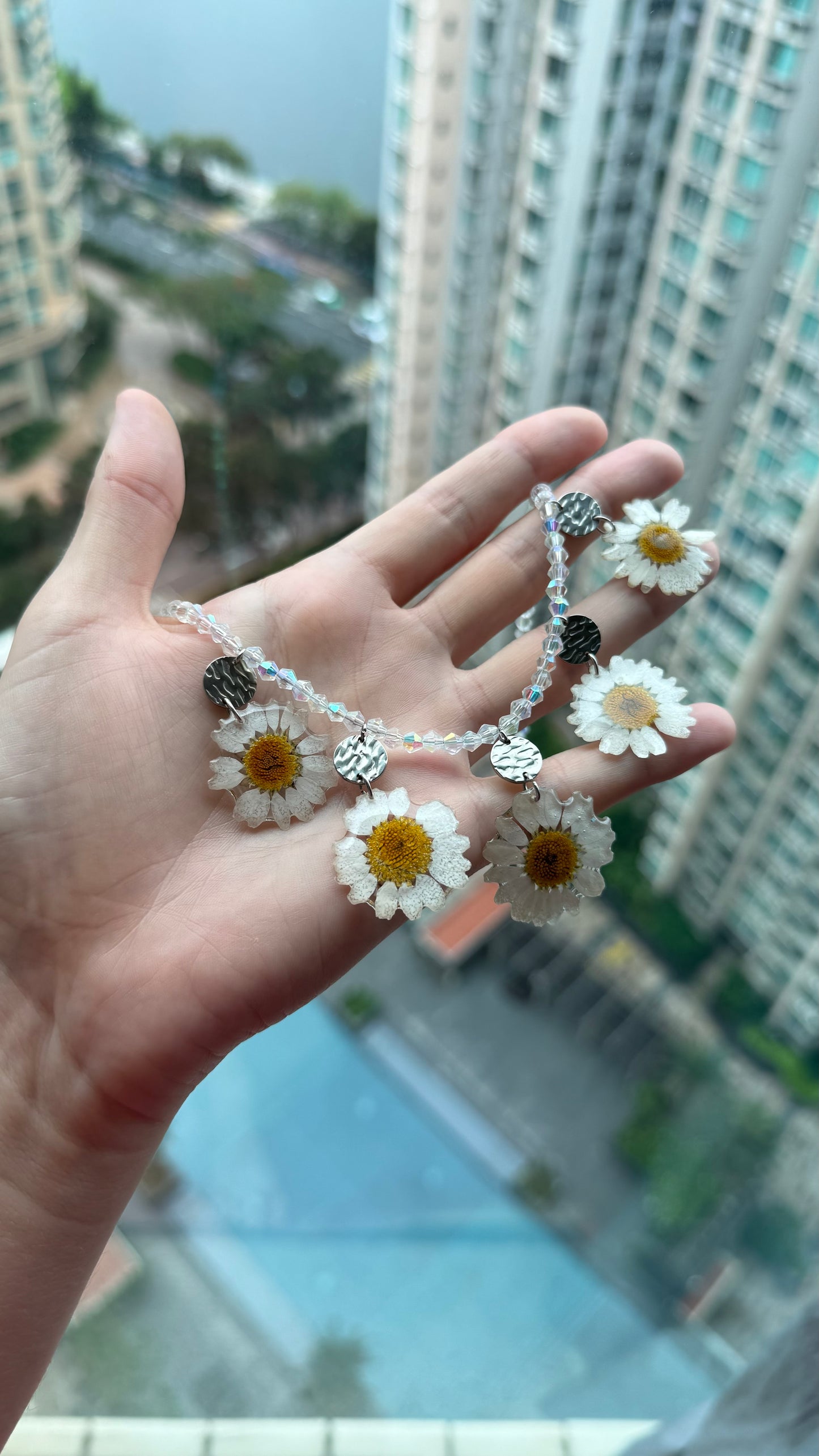 Meadow Dance Necklace - Five Preserved Daisies with Textured Steel Charms