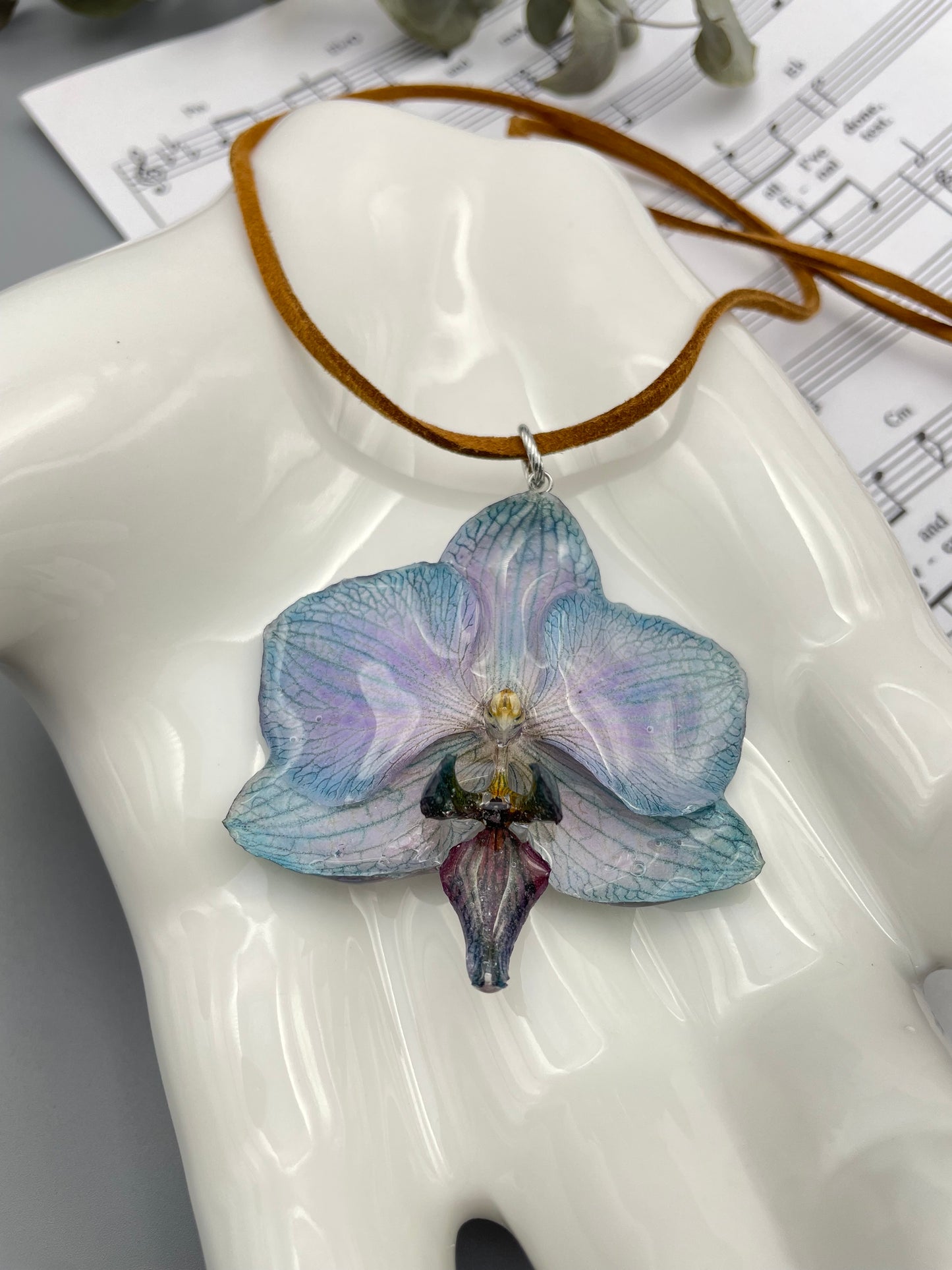 Azure Real Orchid Pendant - Blue Preserved Flower Jewelry Art