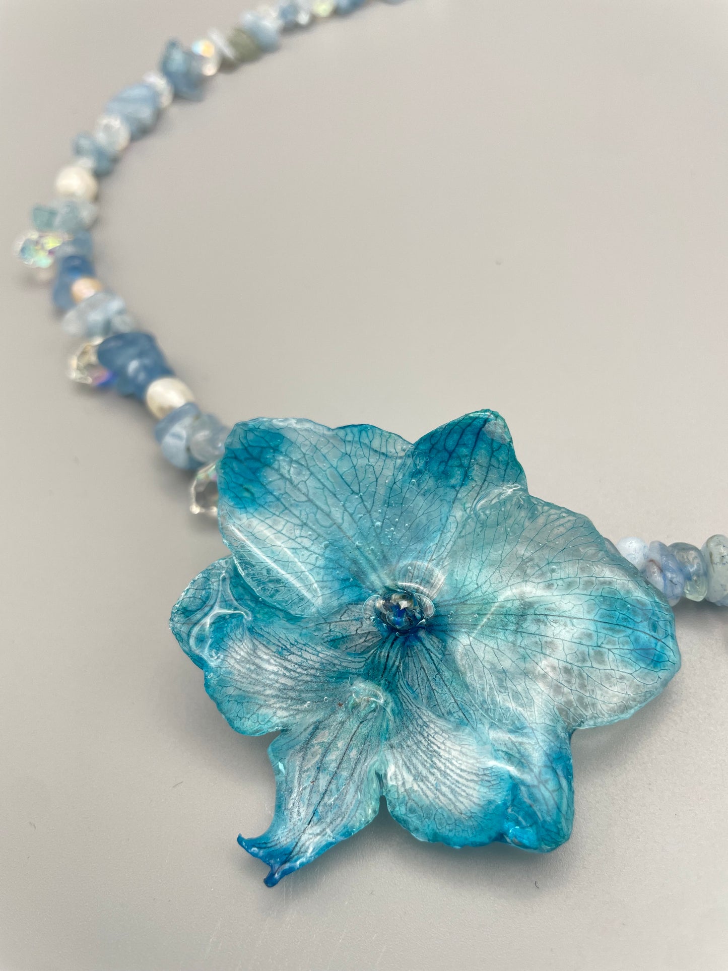 Blue Orchid & Aquamarine Necklace - Preserved Flower Jewelry in UV Resin