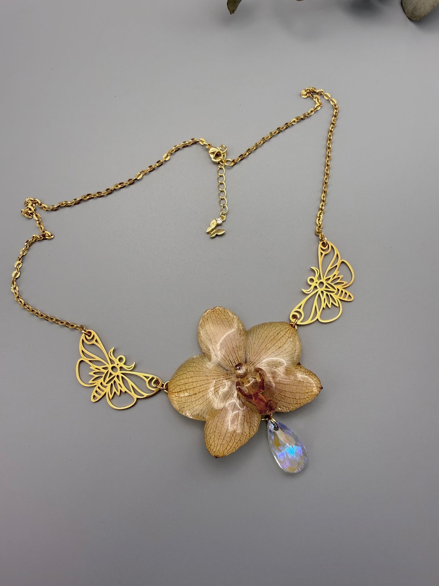 Golden Bloom Real Orchid Necklace - Preserved Flower Jewelry