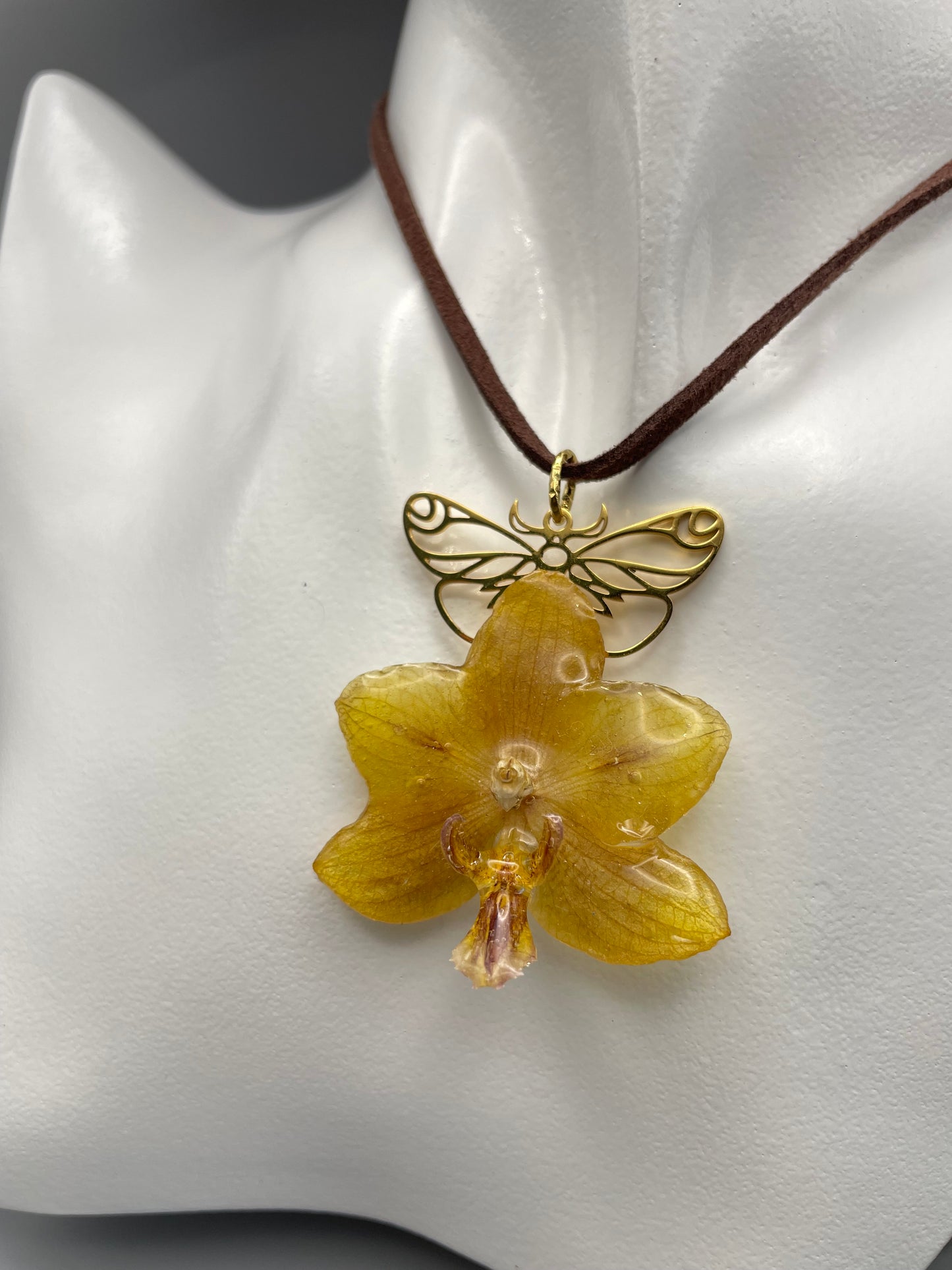 Golden Orchid & Butterfly Pendant - Real Flower Wearable Art