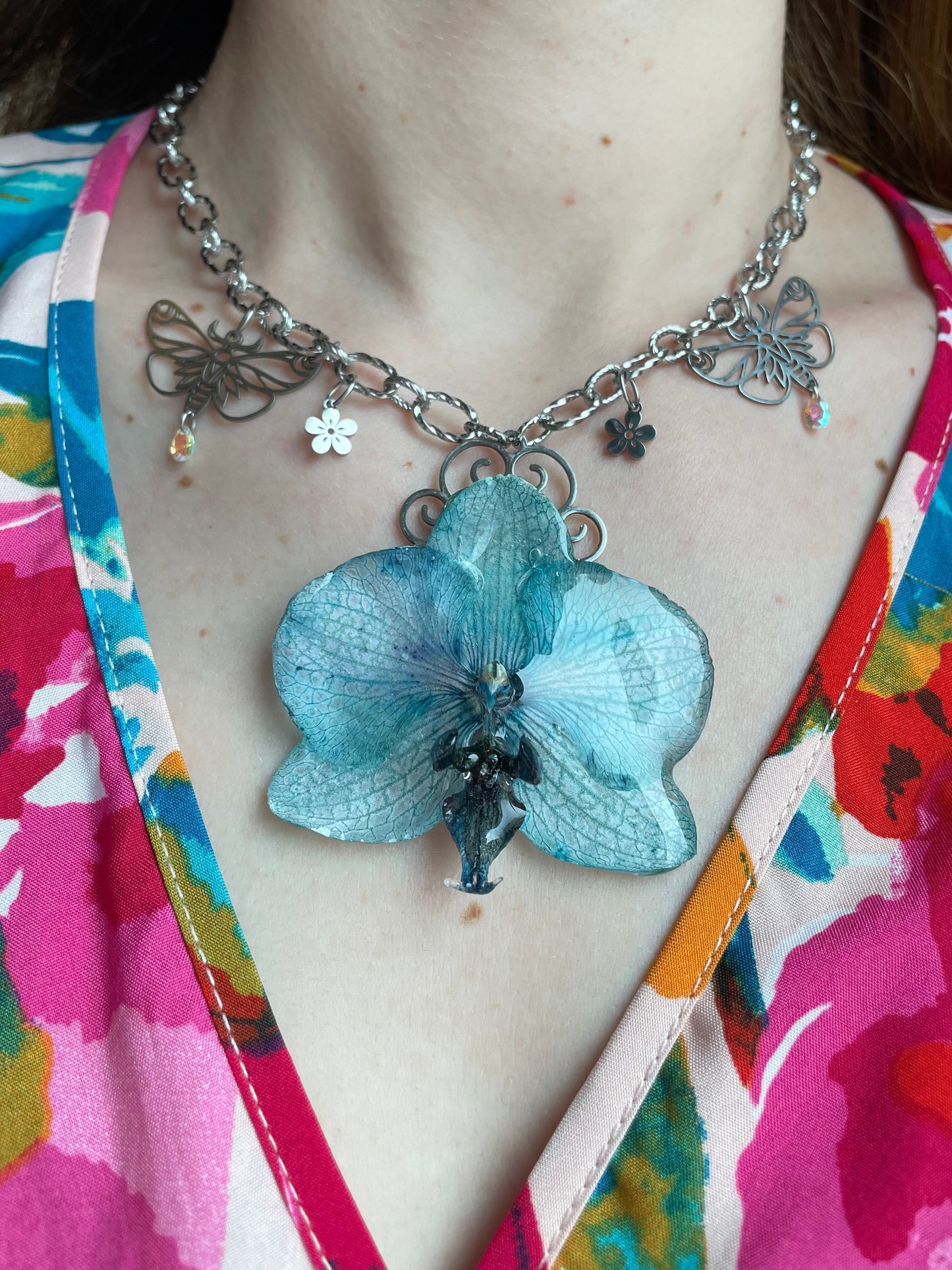 Blue Orchid Necklace - Preserved Flower Jewelry in UV Resin
