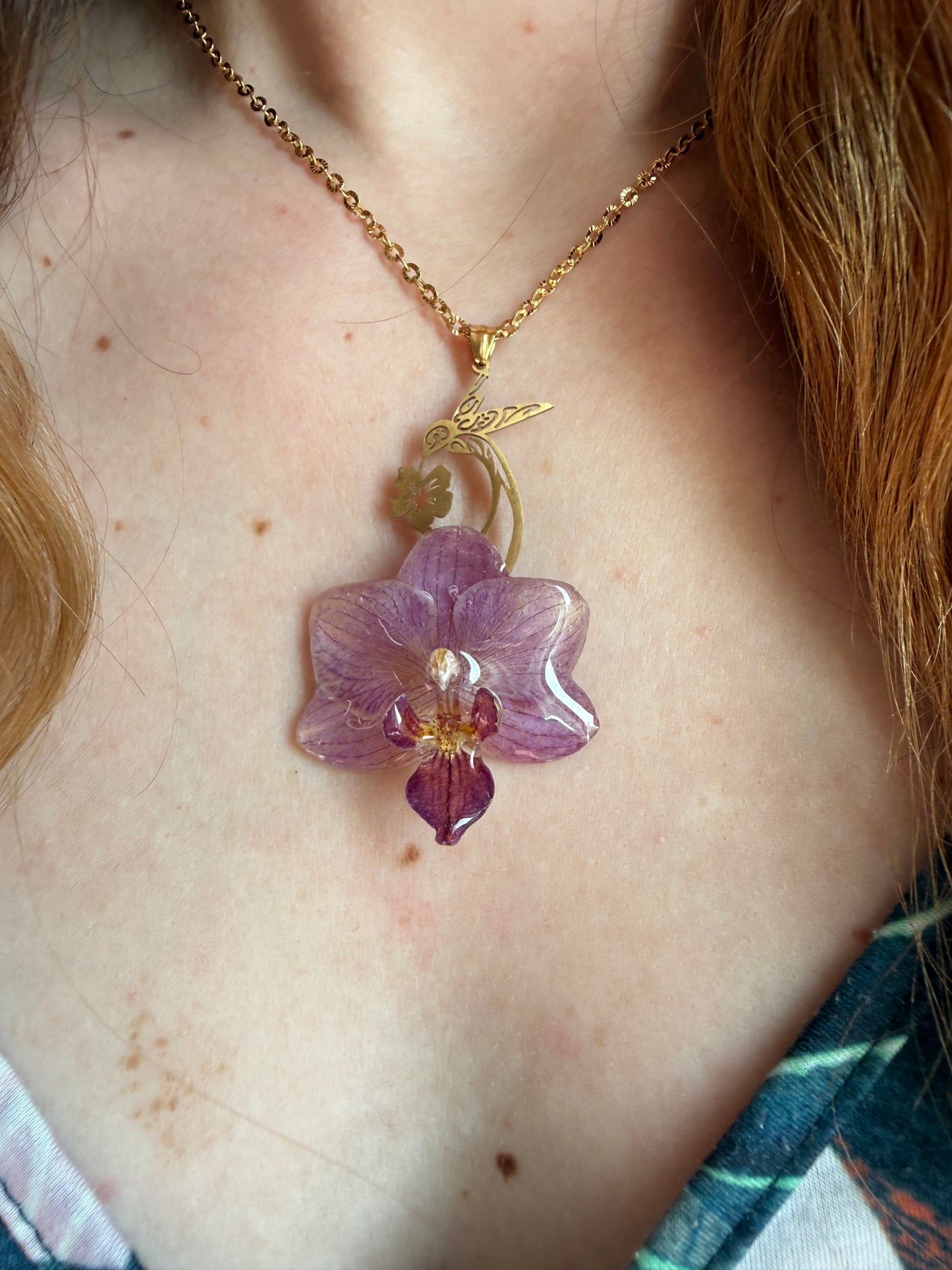 Hummingbird Real Orchid Pendant - Gold-Plated Flower Jewelry