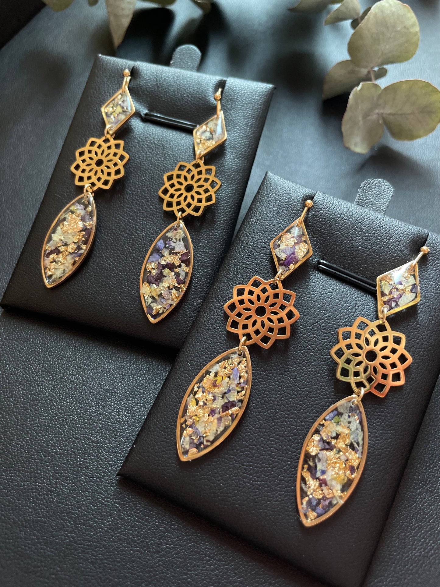 Resin Drop Earrings with Dried Flowers & Gold Foil
