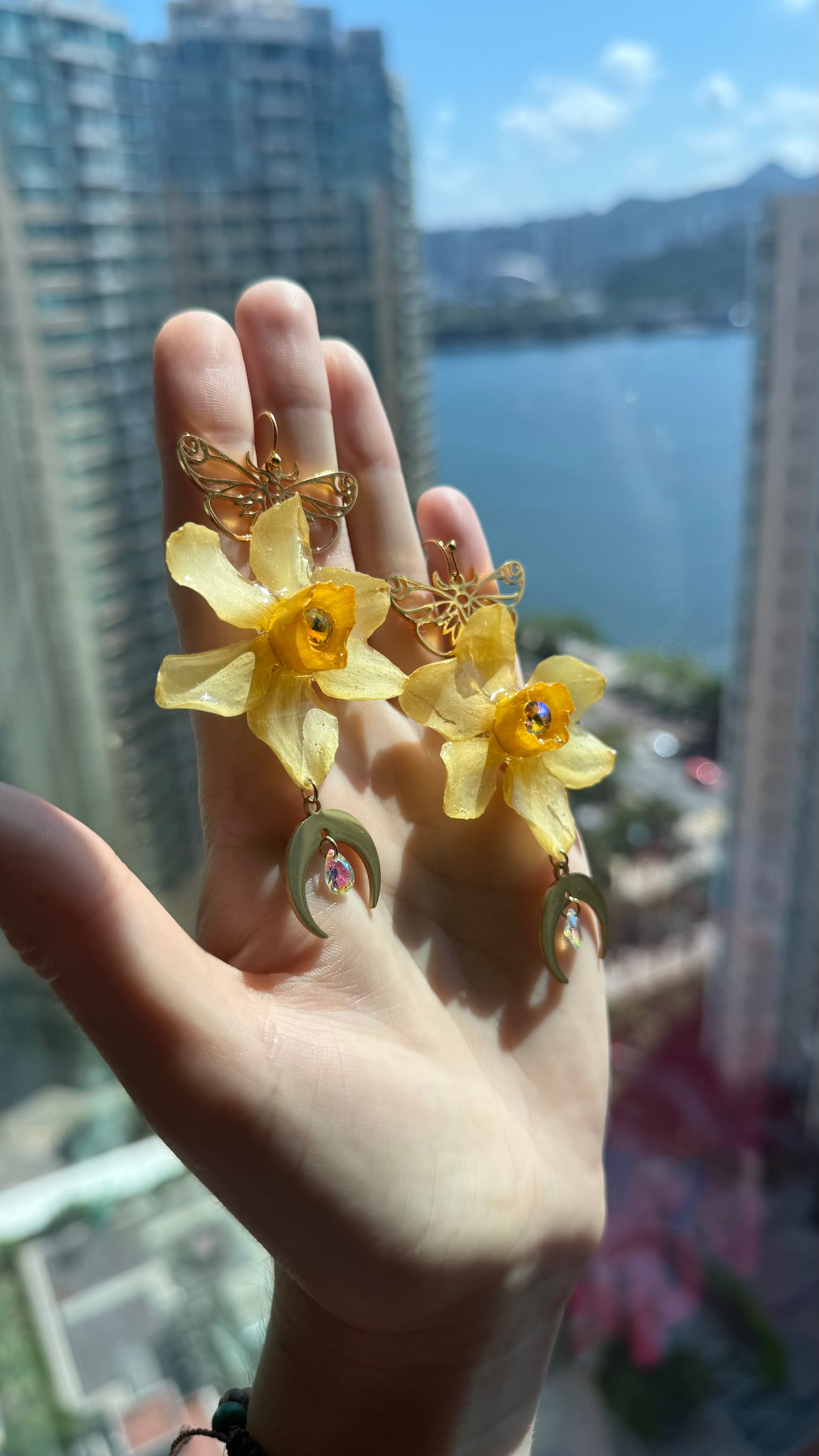 Moonlit Garden Earrings - Daffodil & Crescent
Moon Drops