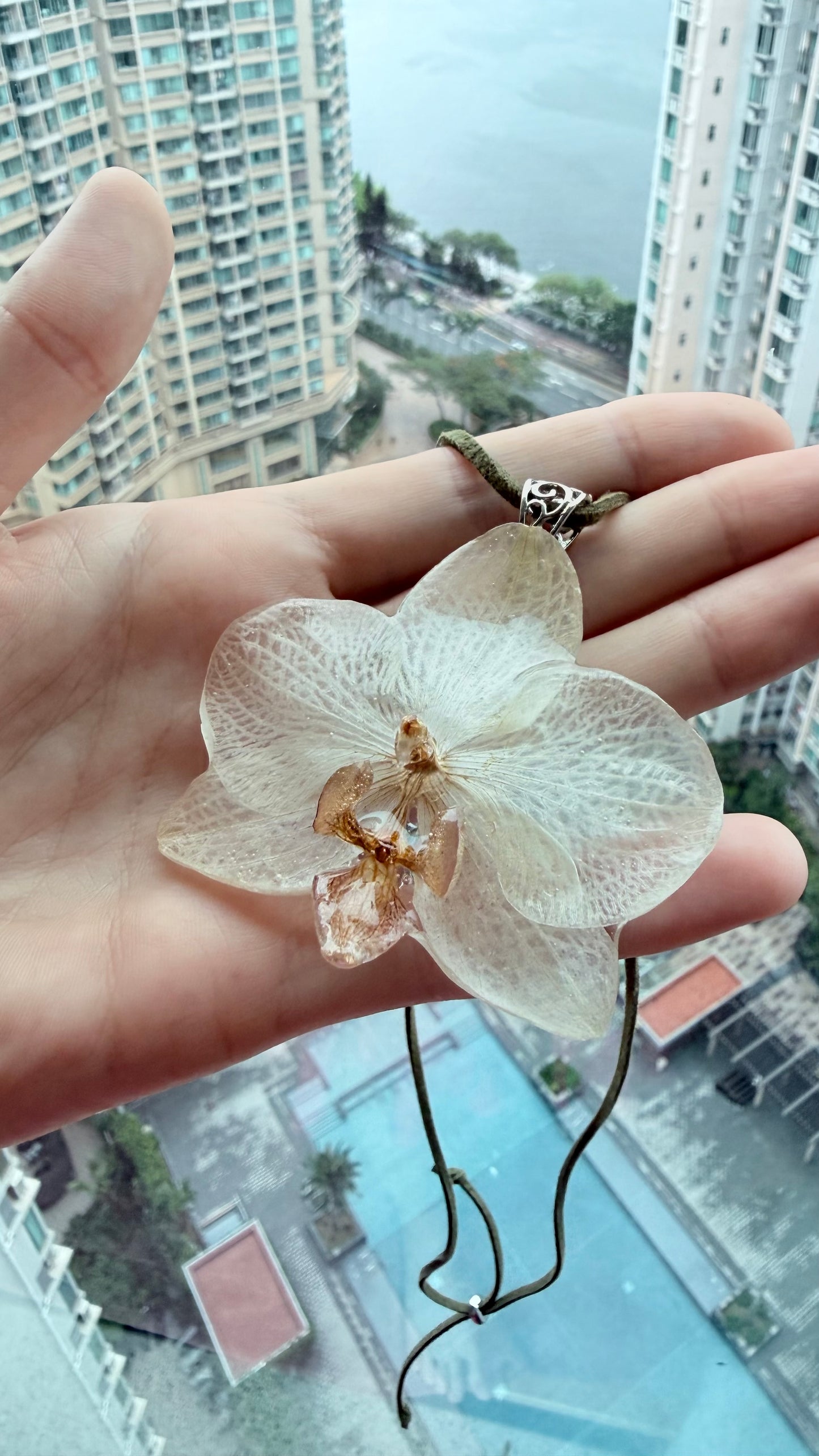 Ivory Orchid Pendant - Preserved Phalaenopsis in
Crystal Resin