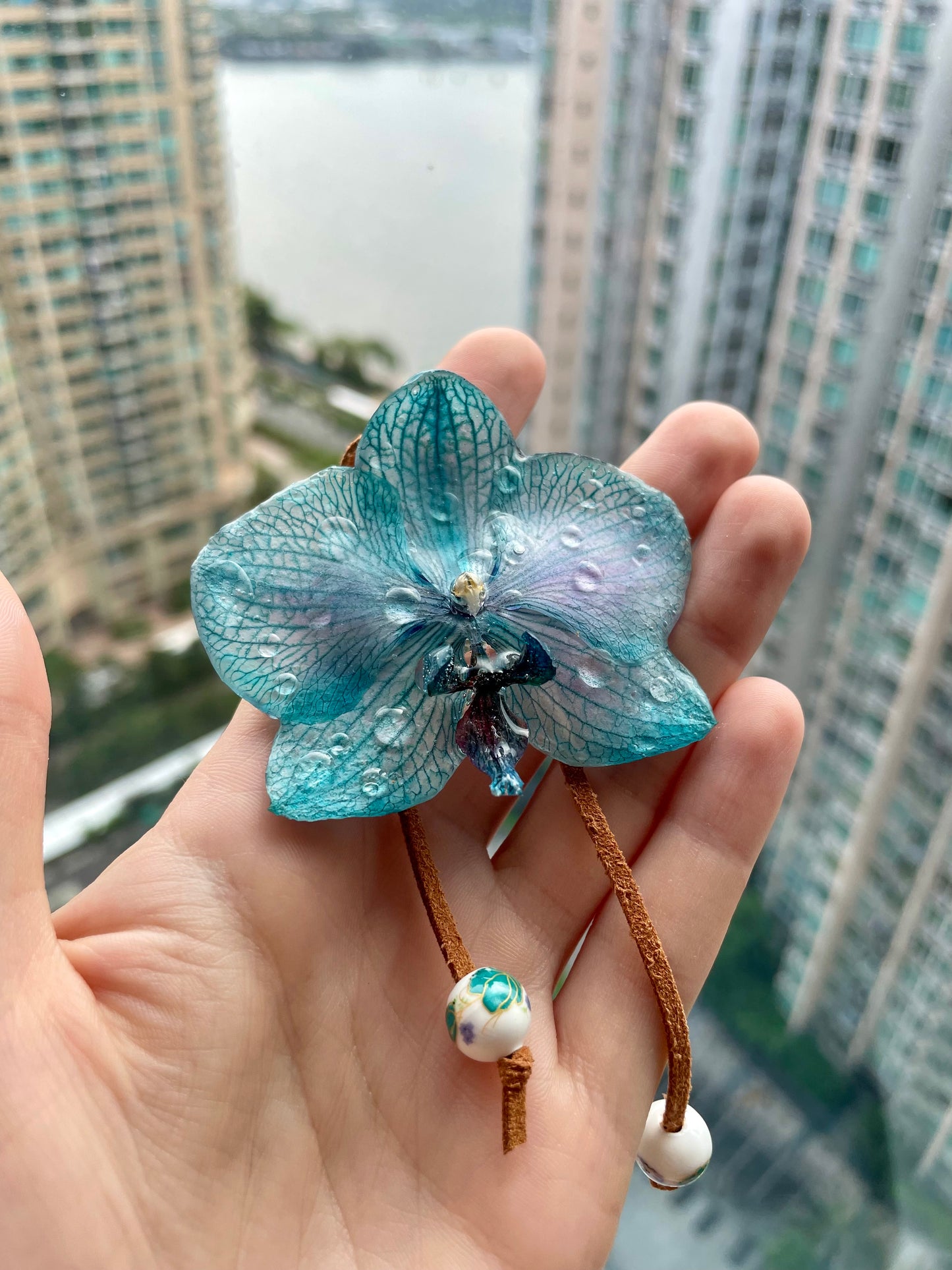 Blue Orchid Raindrops Pendant - Real Flower in UV Resin Art
