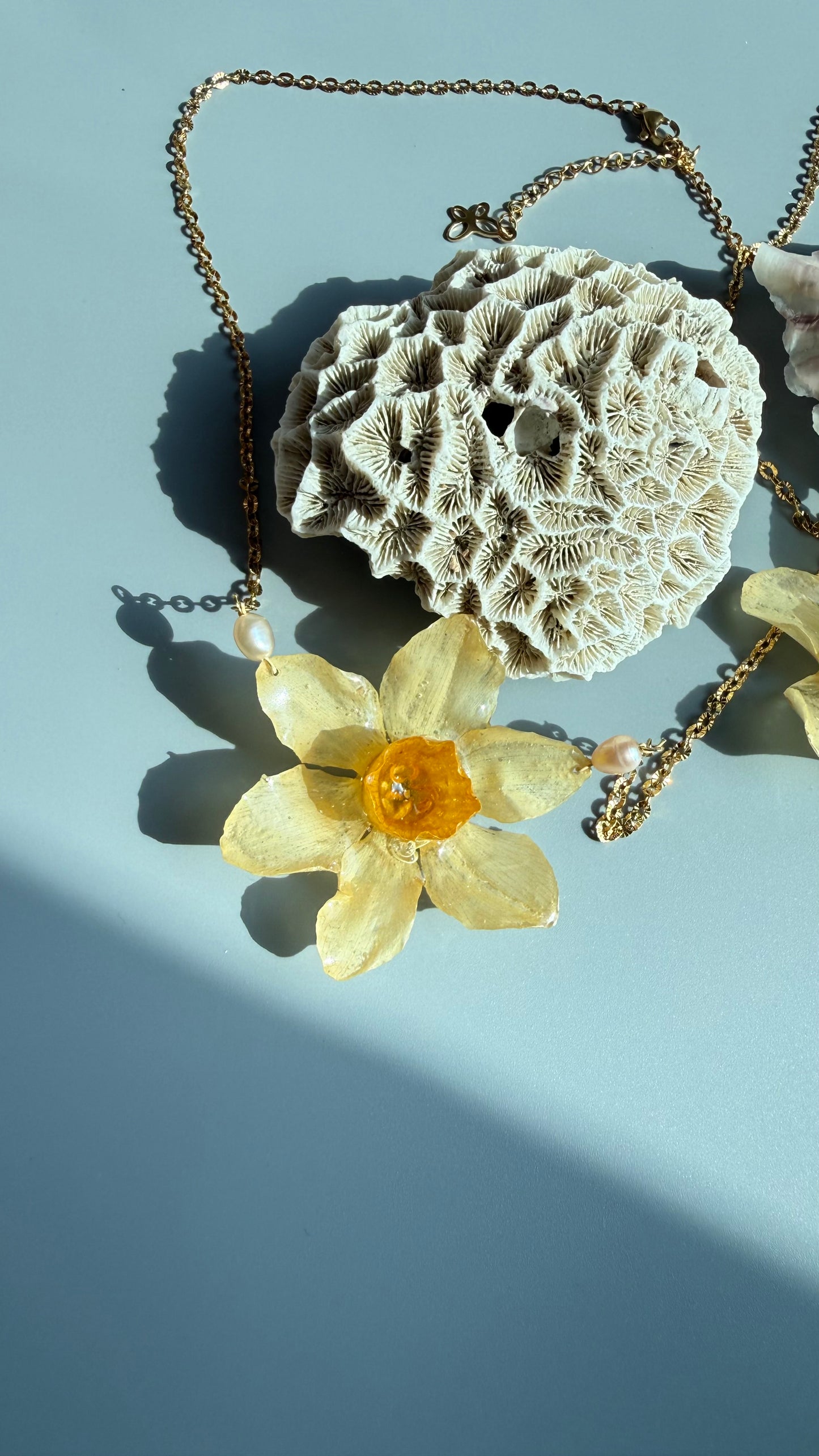 Narcissus in Resin Necklace — Freshwater Pearl (2 Colors)