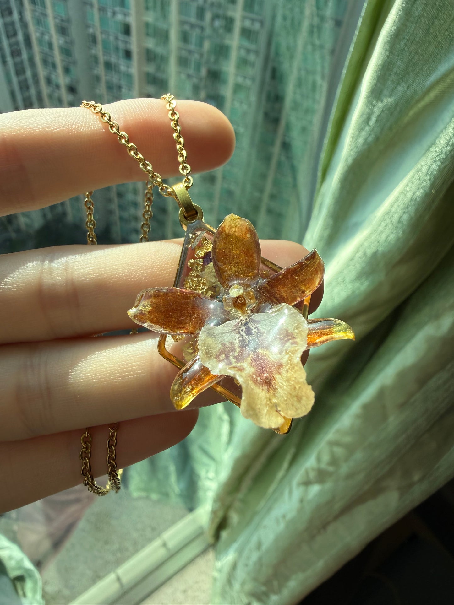 Handmade Golden Real Orchid Pendant - Crystal Clear UV Resin
