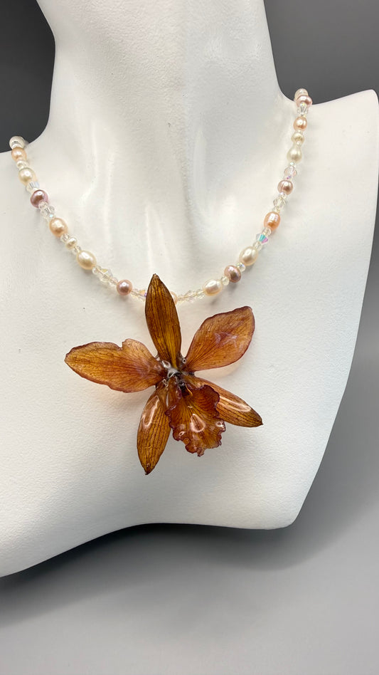 Scarlet Real Orchid & Pearl Necklace - Detachable Resin Pendant