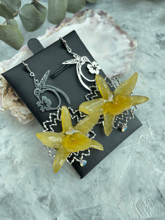 Handmade Orchid Earrings - Real Flower Jewelry with Cubic Zirconia
