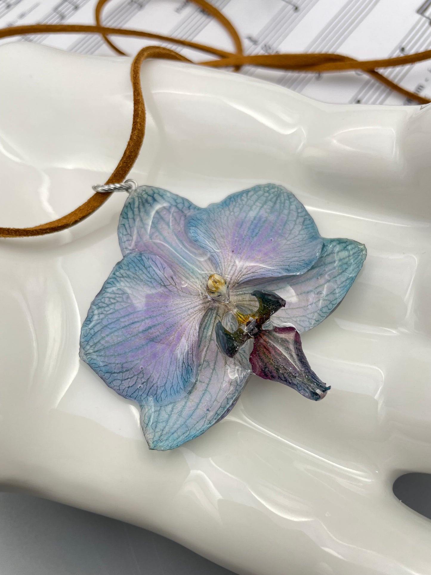 Azure Real Orchid Pendant - Blue Preserved Flower Jewelry Art
