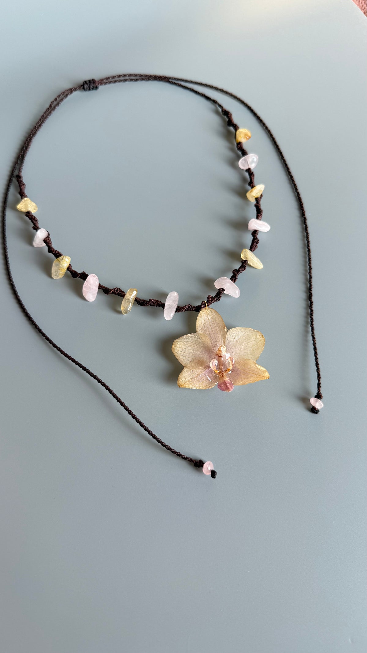 Real Orchid Flower Necklace with Rose Quartz & Citrine | UV Resin Preserved Flower Jewelry | Handmade Botanical Necklace