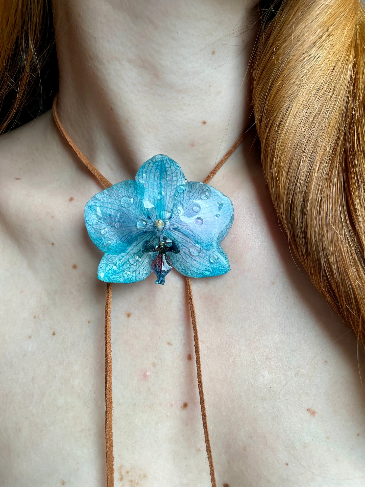 Blue Orchid Raindrops Pendant - Real Flower in UV Resin Art