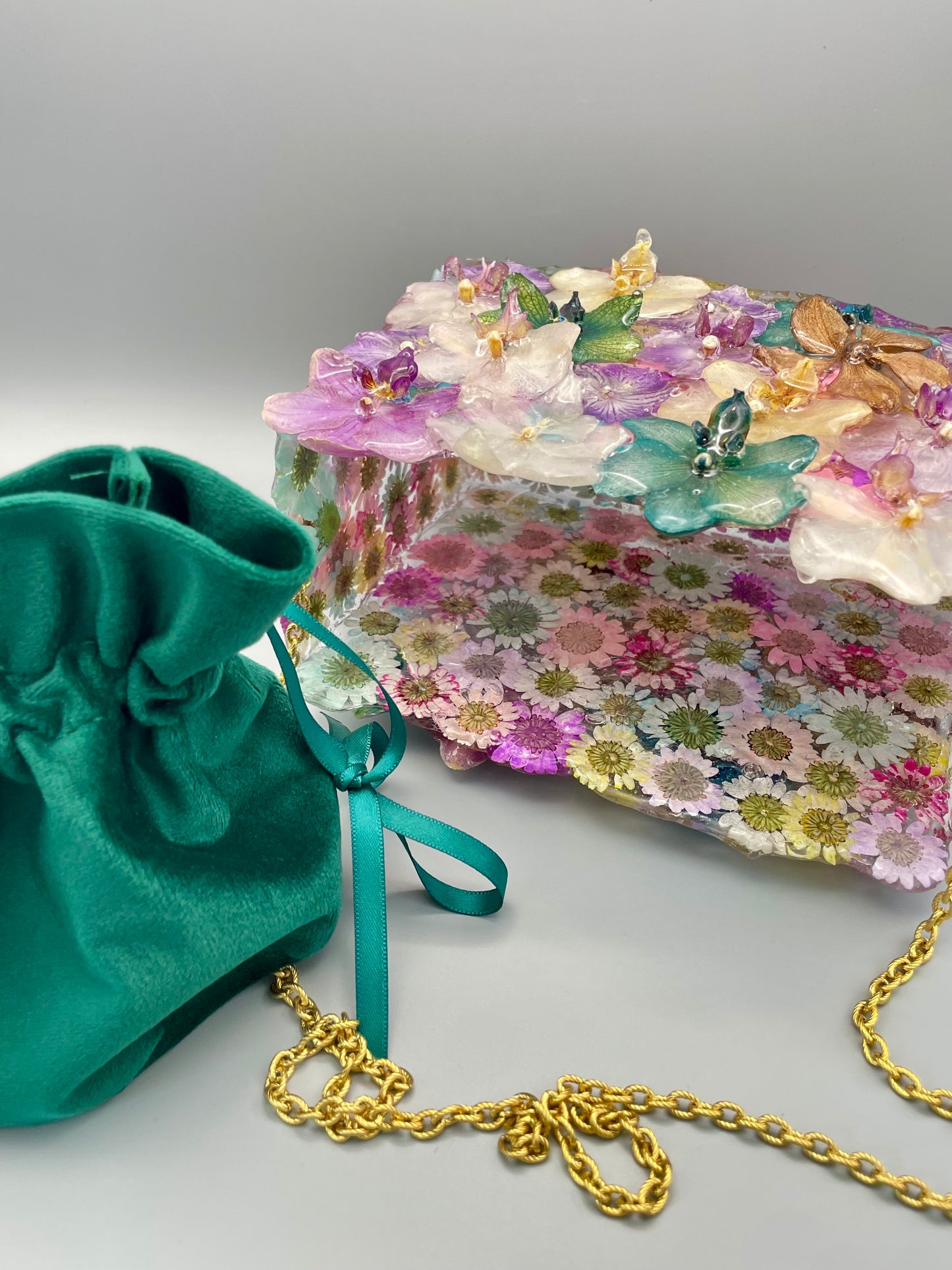 One-of-a-Kind Floral Designer Bag – Real Orchids & Dried Flowers in UV Resin
