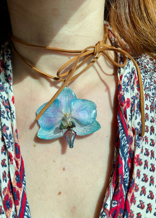 Azure Real Orchid Pendant - Blue Preserved Flower Jewelry Art
