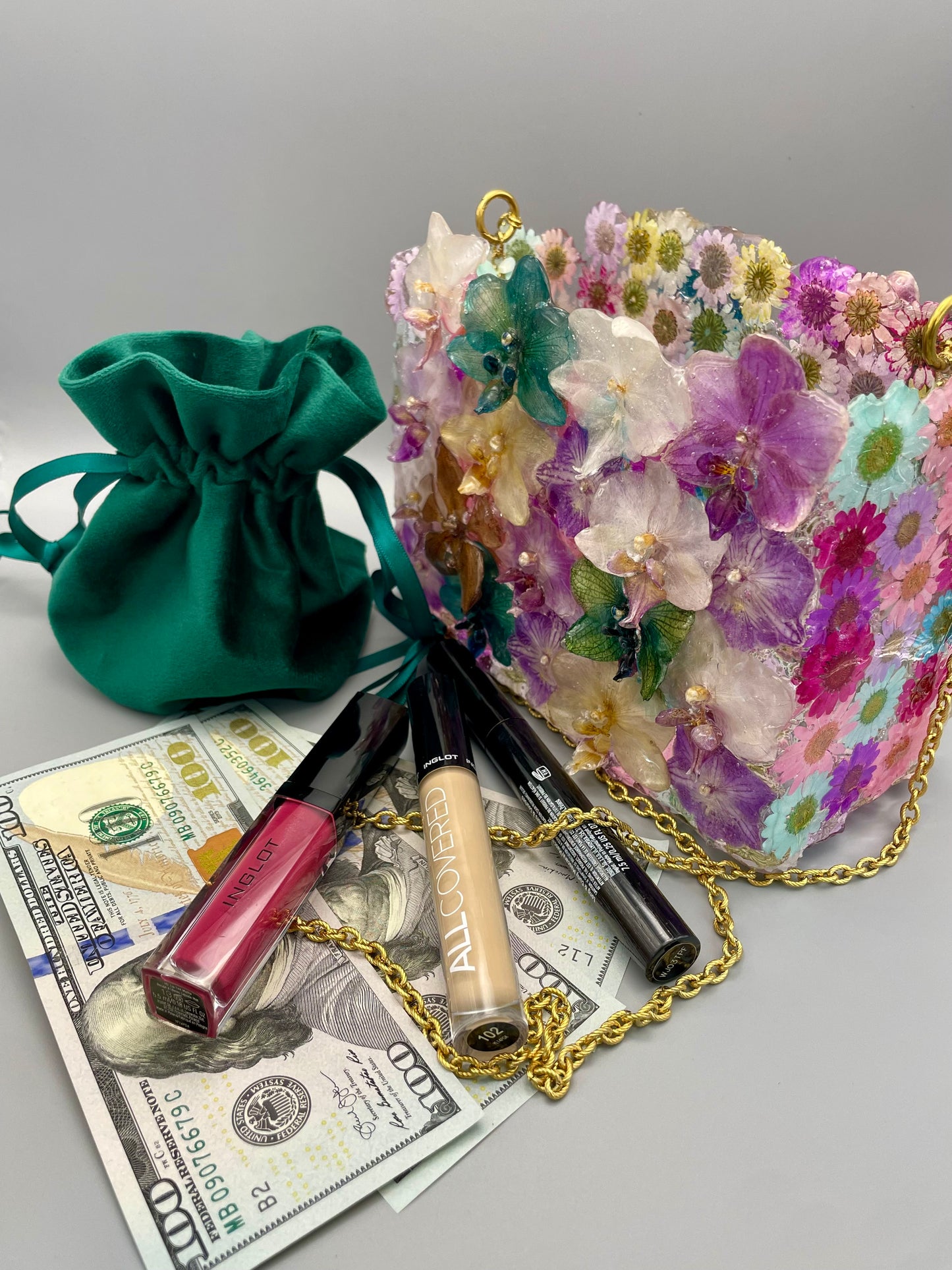 One-of-a-Kind Floral Designer Bag – Real Orchids & Dried Flowers in UV Resin