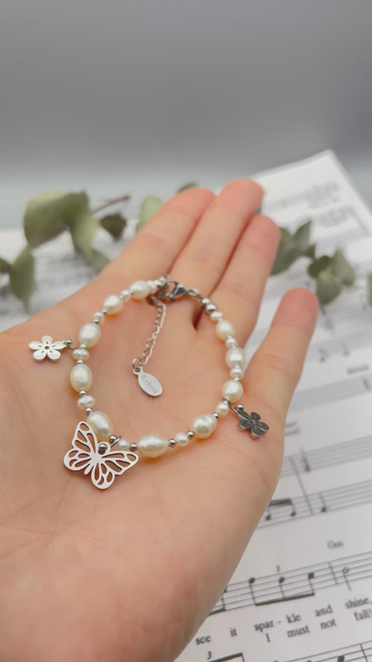 Freshwater Pearl Bracelet with Butterfly Charm - Stainless Steel Jewelry