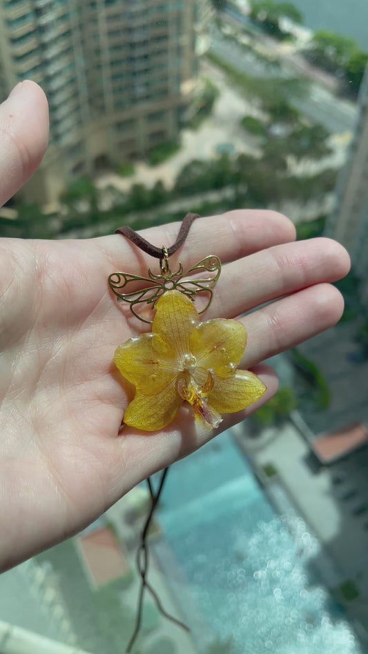 Golden Orchid & Butterfly Pendant - Real Flower Wearable Art